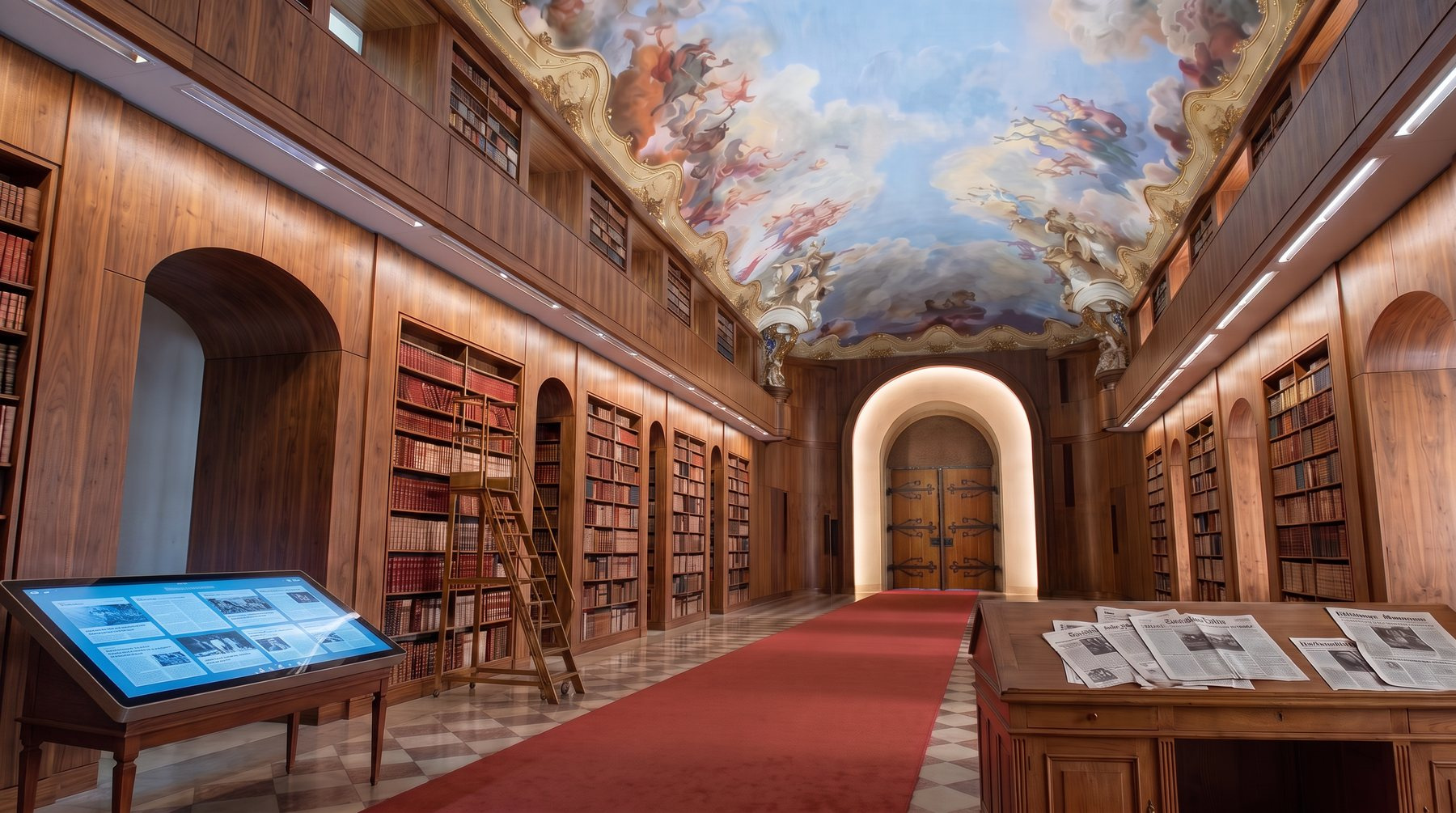 The Athenaeum — a frescoed library hall with a crimson runner leading to a lit archway