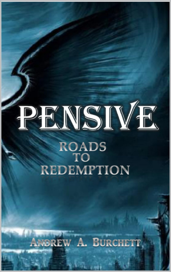Pensive: Roads to Redemption — a dark wing over a drowned skyline in teal and blue