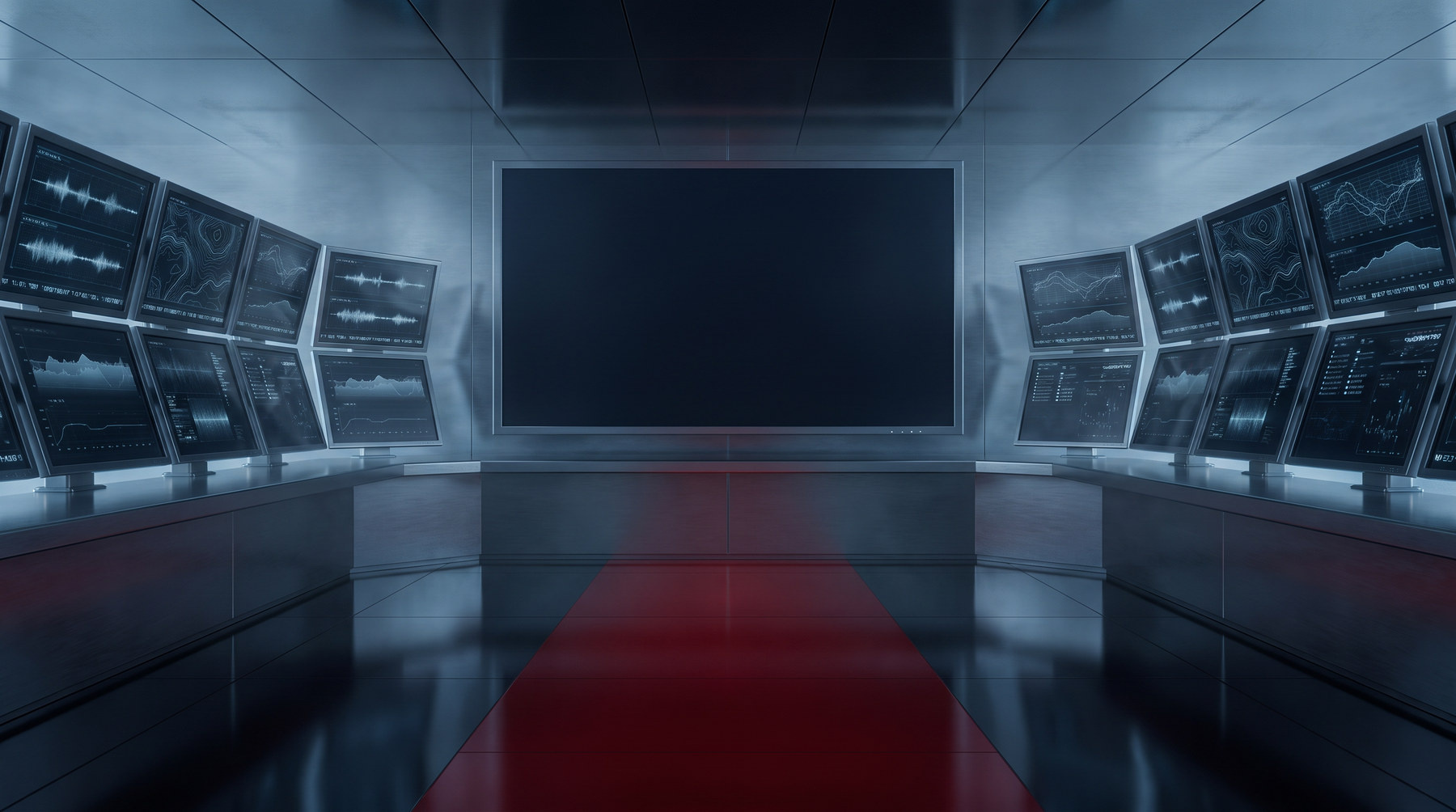 The Lore Archives — a cold steel-blue monitor room at the end of the archive corridor, one large dark screen at its centre