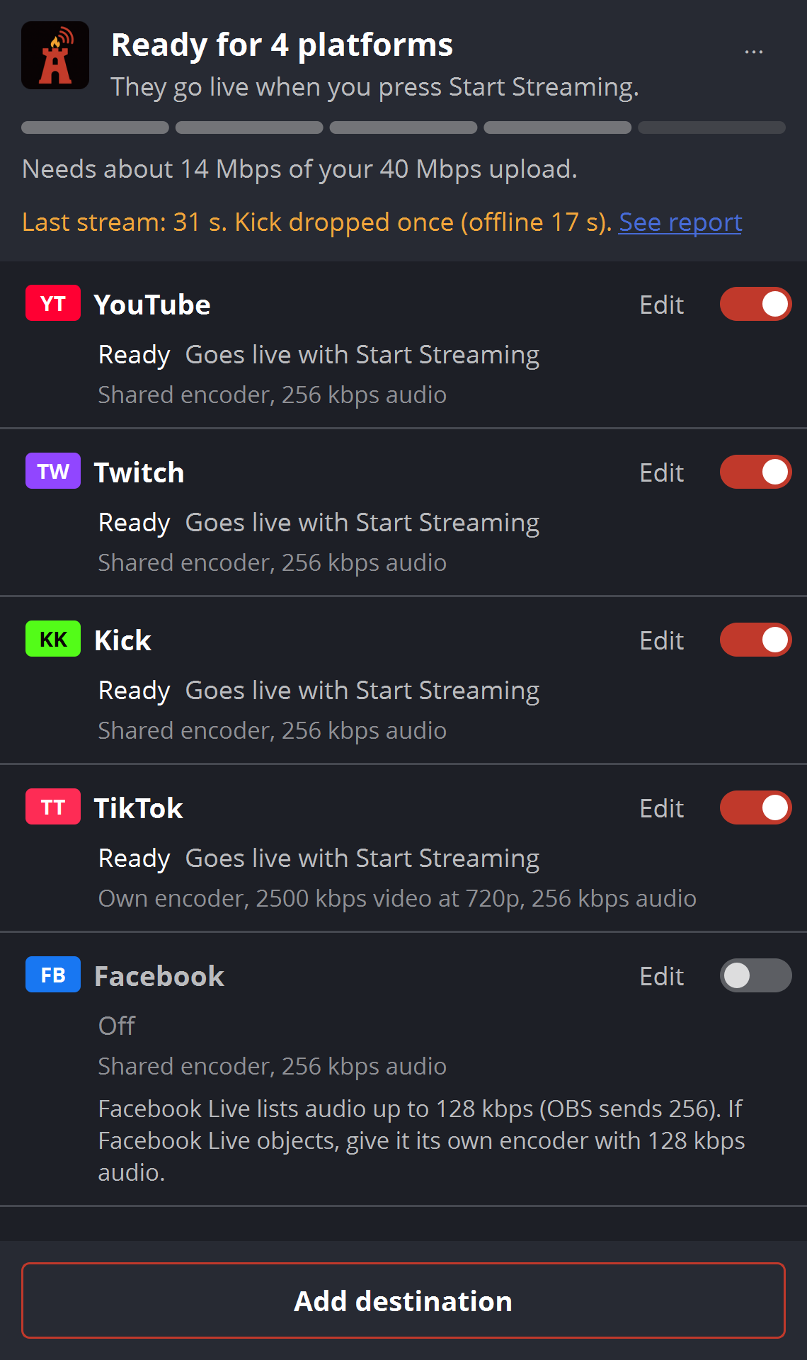 After the stream: 'Kick dropped once (offline 17 s). See report'.