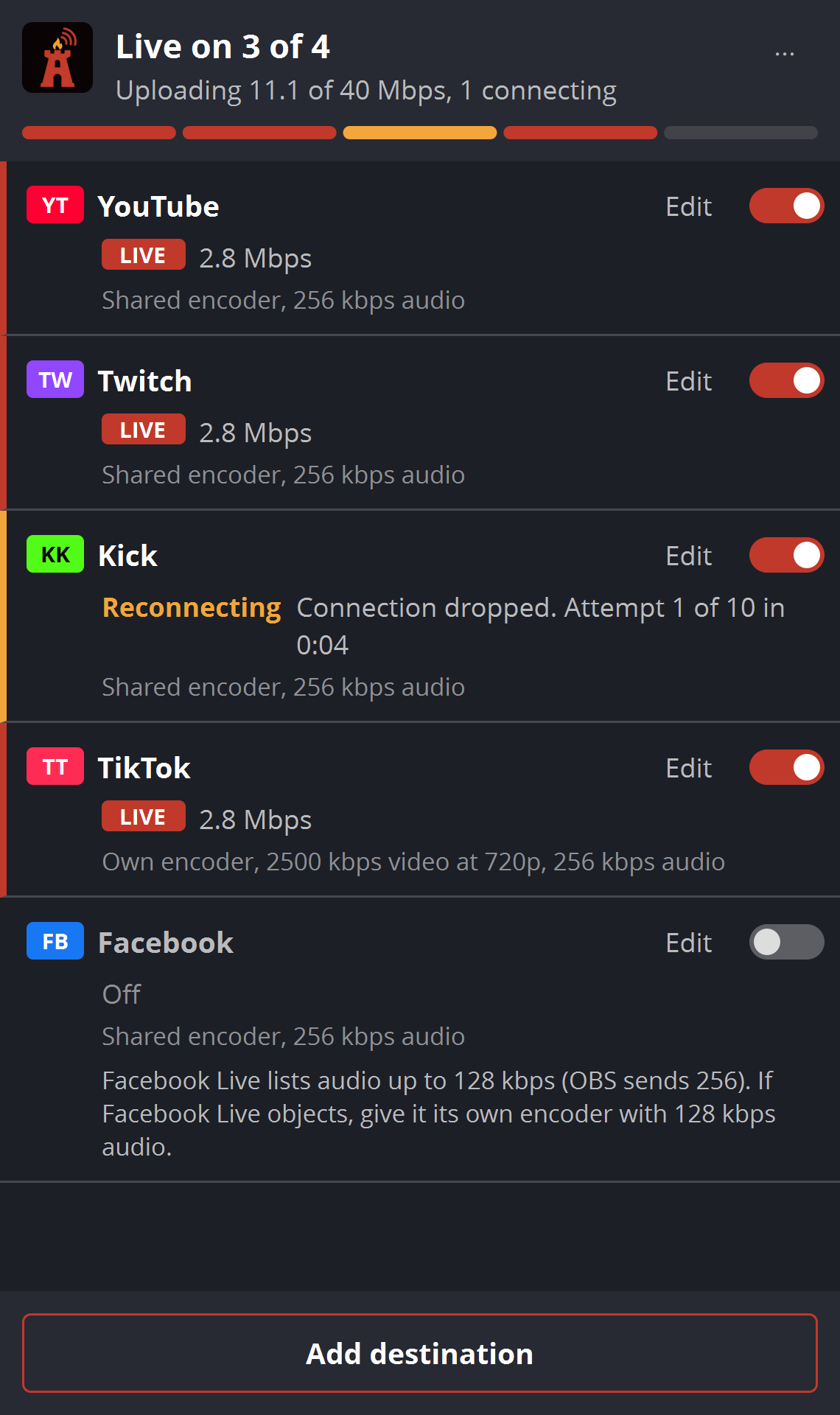 Kick reconnecting after a dropped connection while YouTube, Twitch and TikTok stay live.