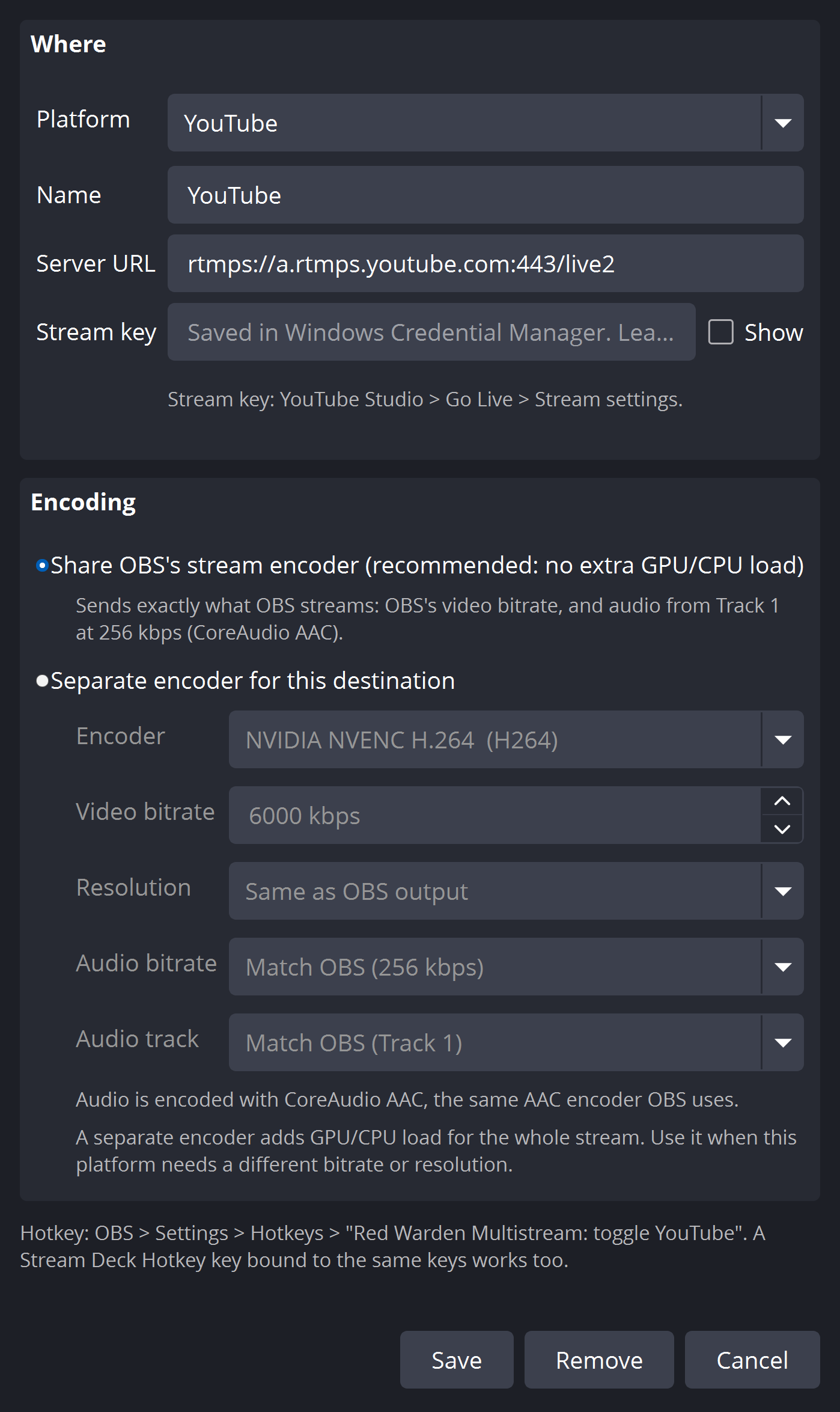 Editing a destination: platform, server, stream key, and a choice between sharing OBS's encoder or a separate encoder.
