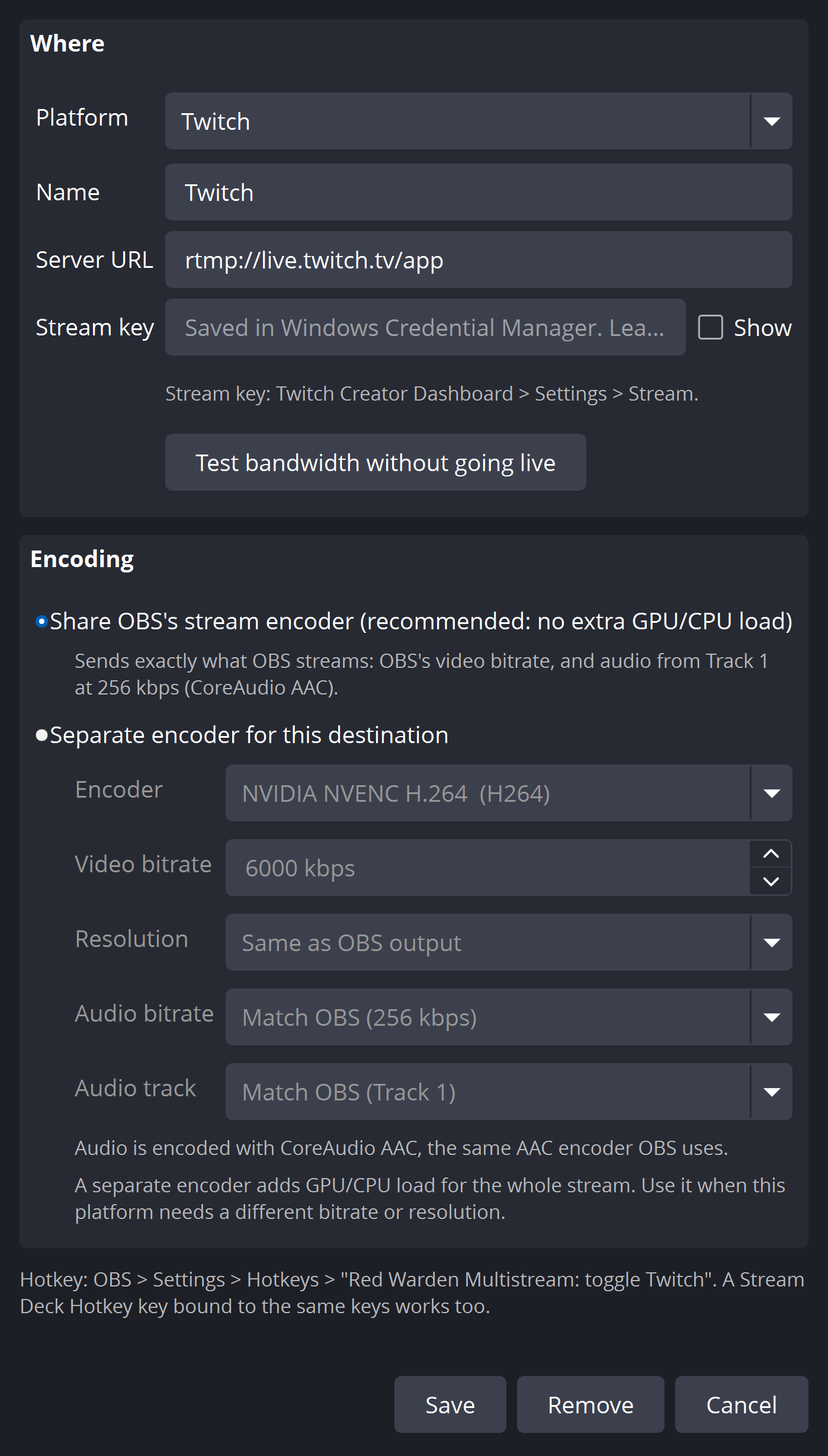 The 'Test bandwidth without going live' button.