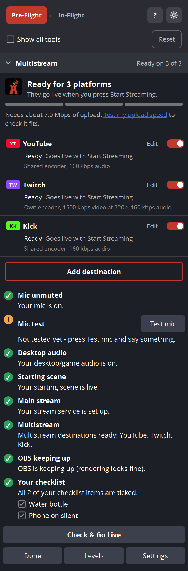 The RW Stream Kit dock in OBS in its Pre-Flight stage: Multistream pinned on top with two destinations, then the Pre-Flight checks and a Check & Go Live button.