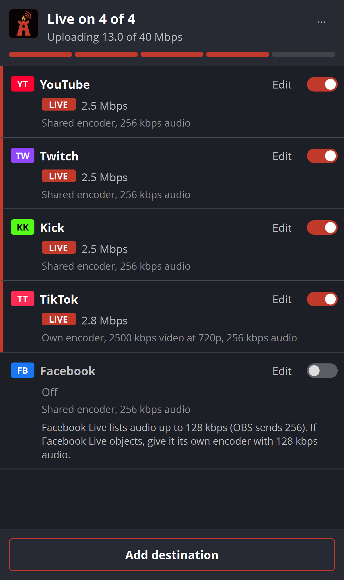 The Red Warden Multistream dock in OBS, live on YouTube, Twitch, Kick and TikTok at once.