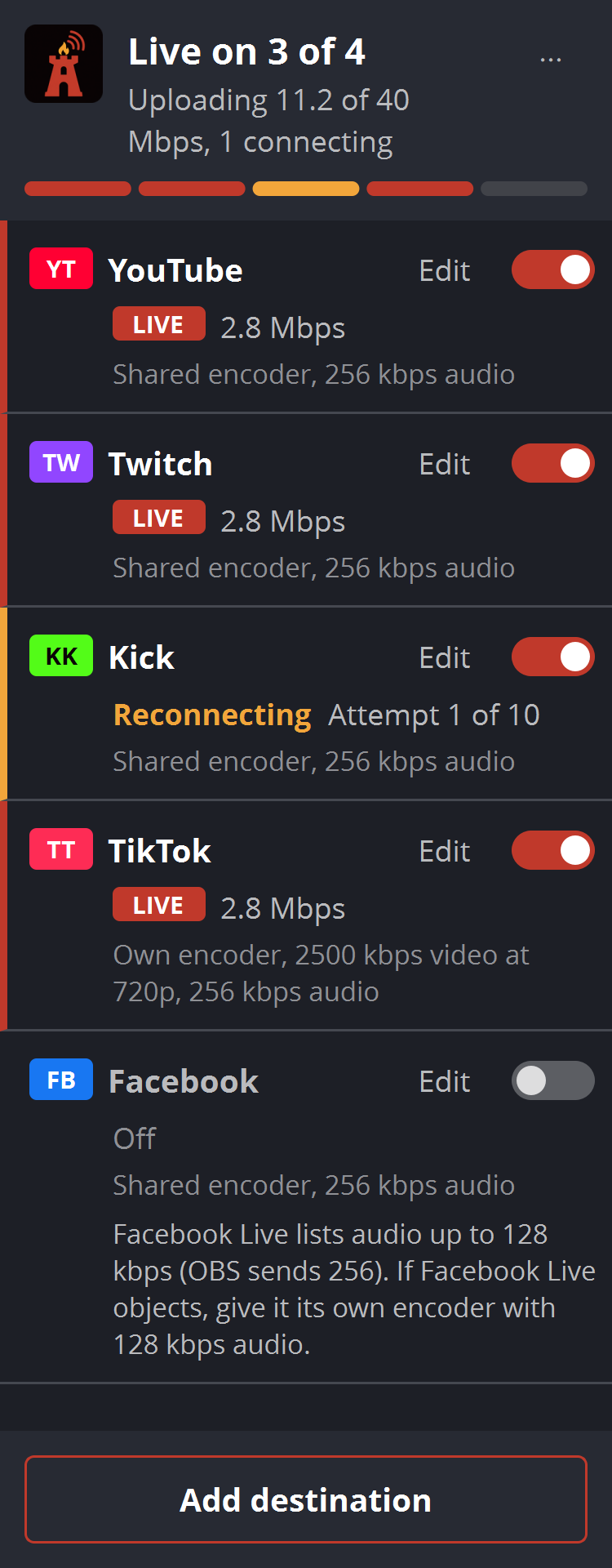 Four platform cards marked LIVE, each showing its bitrate, in a narrow OBS dock.