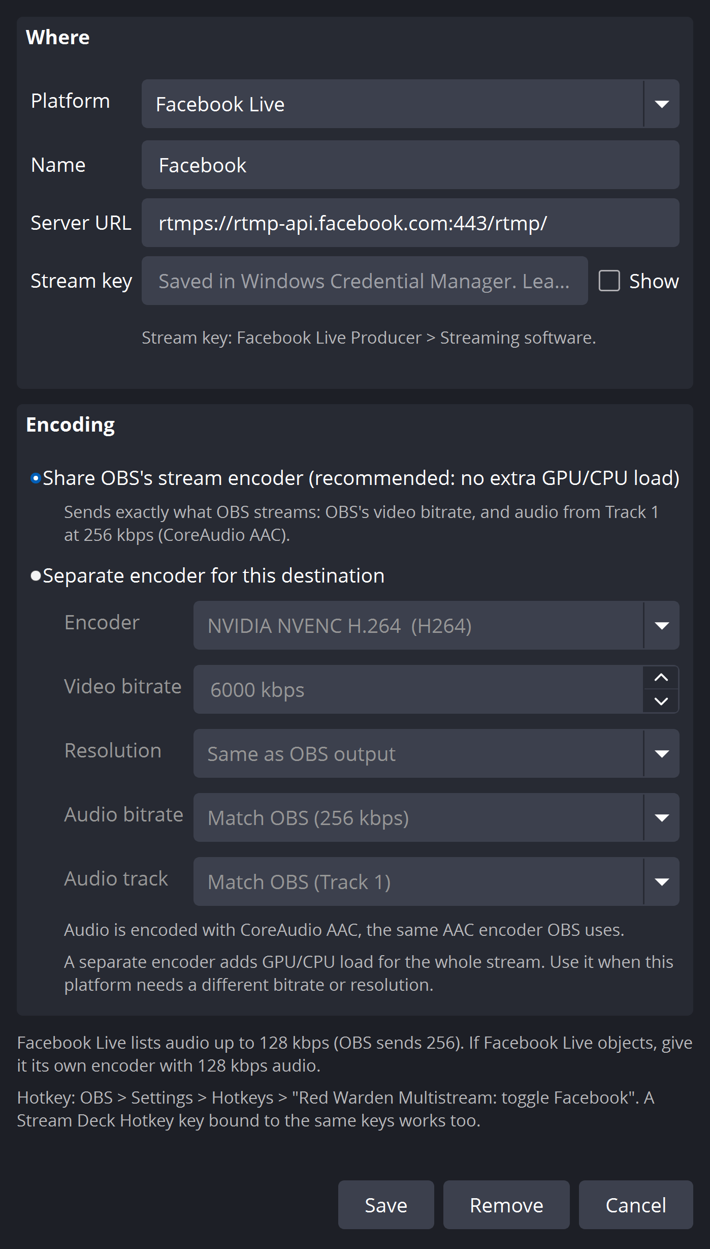 A note that Facebook Live lists audio up to 128 kbps, suggesting its own encoder.