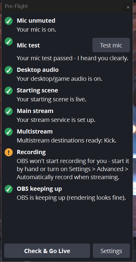 The Red Warden Pre-Flight dock in OBS: a checklist of green ticks, one amber warning, and a Check & Go Live button.