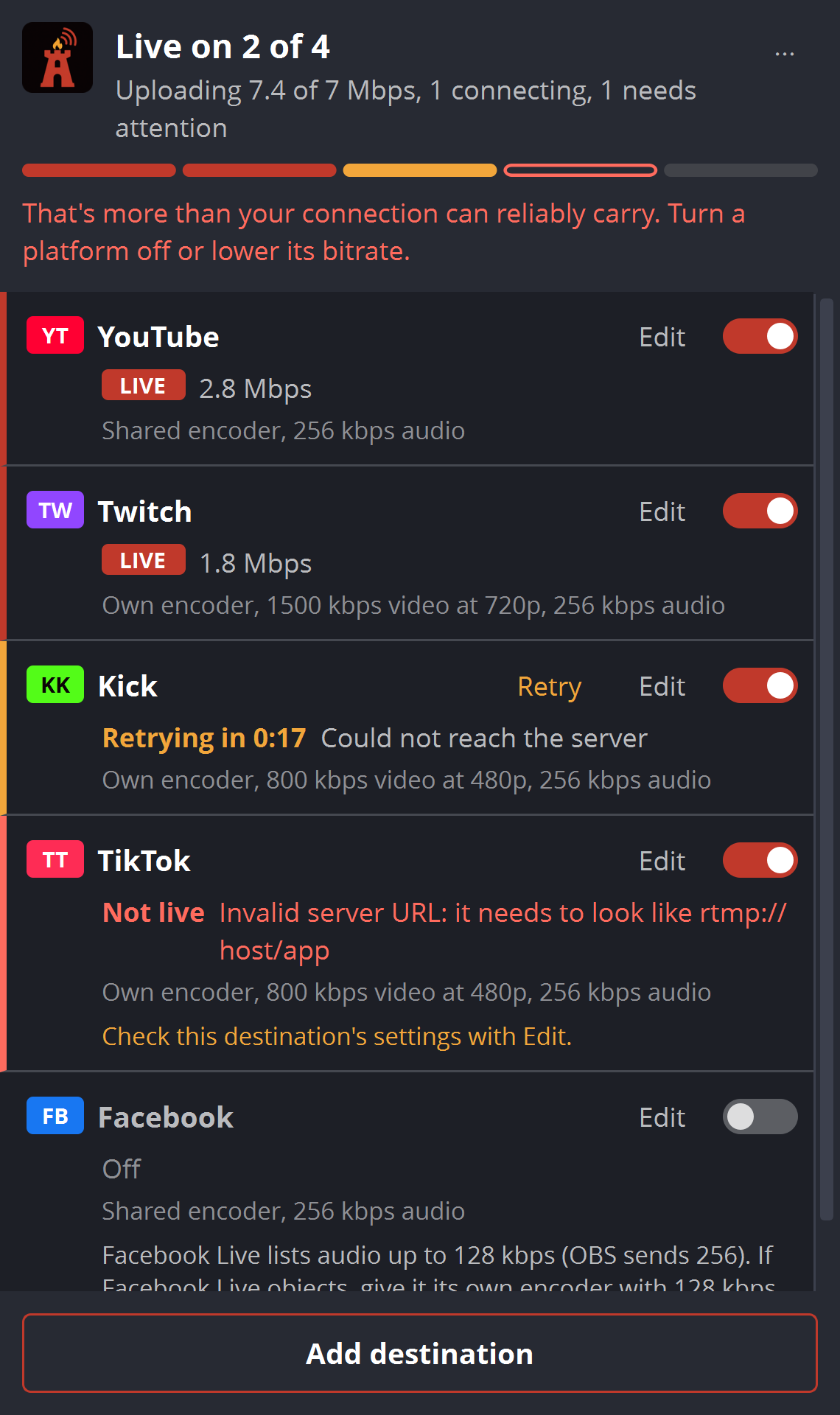 The dock warning that the stream needs more upload than the connection can reliably carry.
