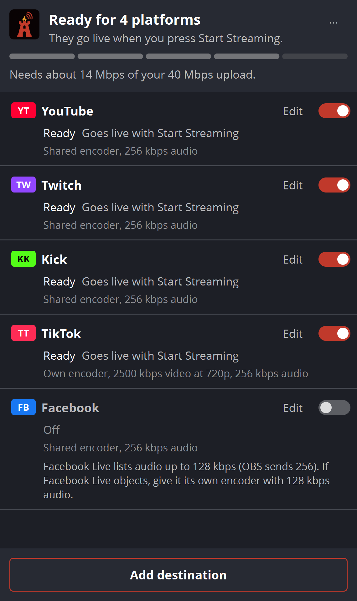 Before going live: four platforms ready, and the dock estimating 14 Mbps of a 40 Mbps upload.