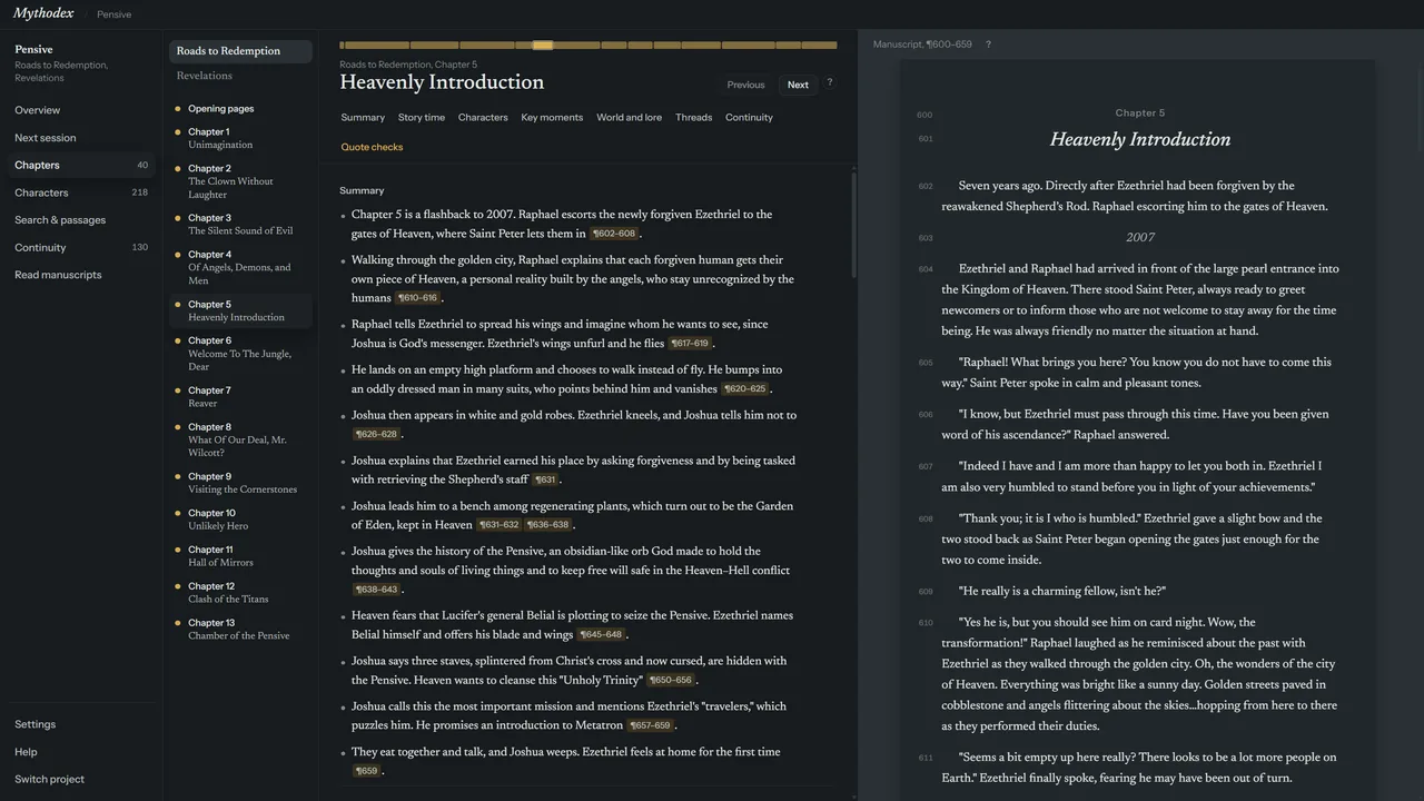 A chapter's notes beside the manuscript. Each point in the summary ends with a gold paragraph-number citation.