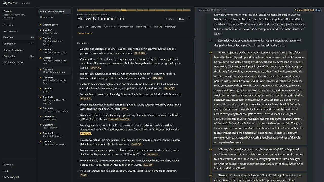 Mythodex open on a chapter of notes with a citation followed: the manuscript pane on the right shows the cited paragraph highlighted.