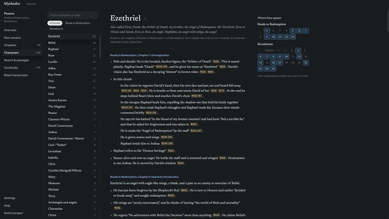 A Mythodex character page: a list of characters on the left, one character's aliases and chapter-by-chapter notes in the middle, and the chapters where they appear on the right.