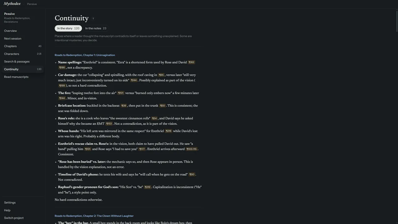The Mythodex Continuity page: possible contradictions listed by chapter, each with paragraph citations.