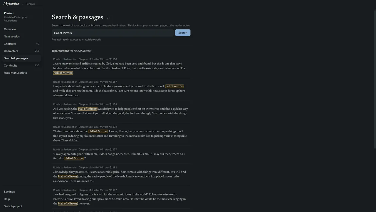 Mythodex Search and passages: a phrase searched across the books, with matches highlighted in each paragraph.