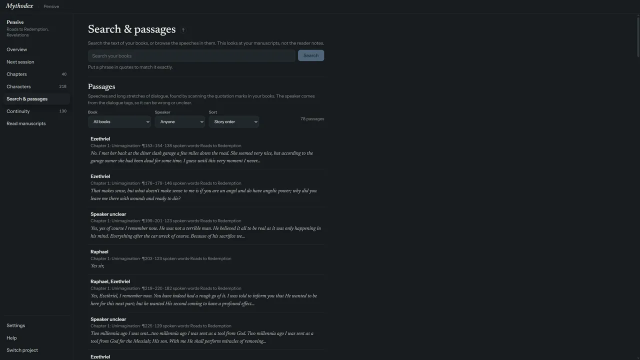 Mythodex Passages: speeches found in the books, with book, speaker and sort filters.