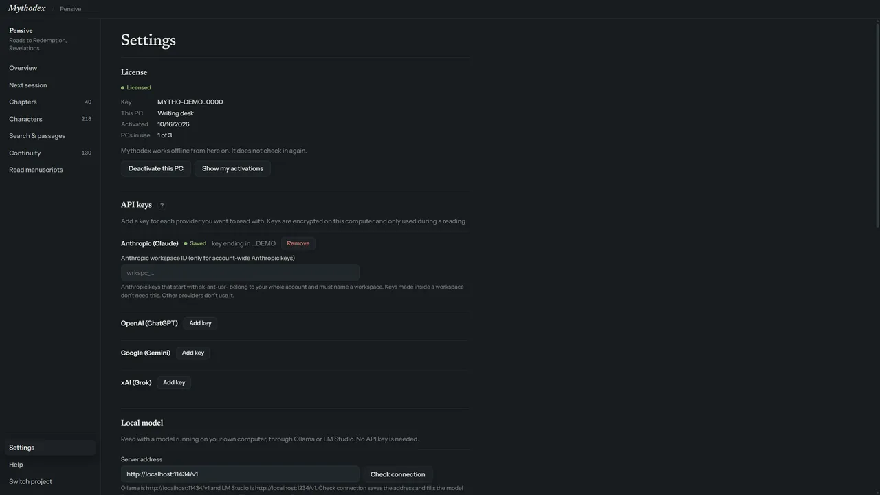 Mythodex Settings: license status, a place to add an API key for Anthropic, OpenAI, Google or xAI, and a local model server address.