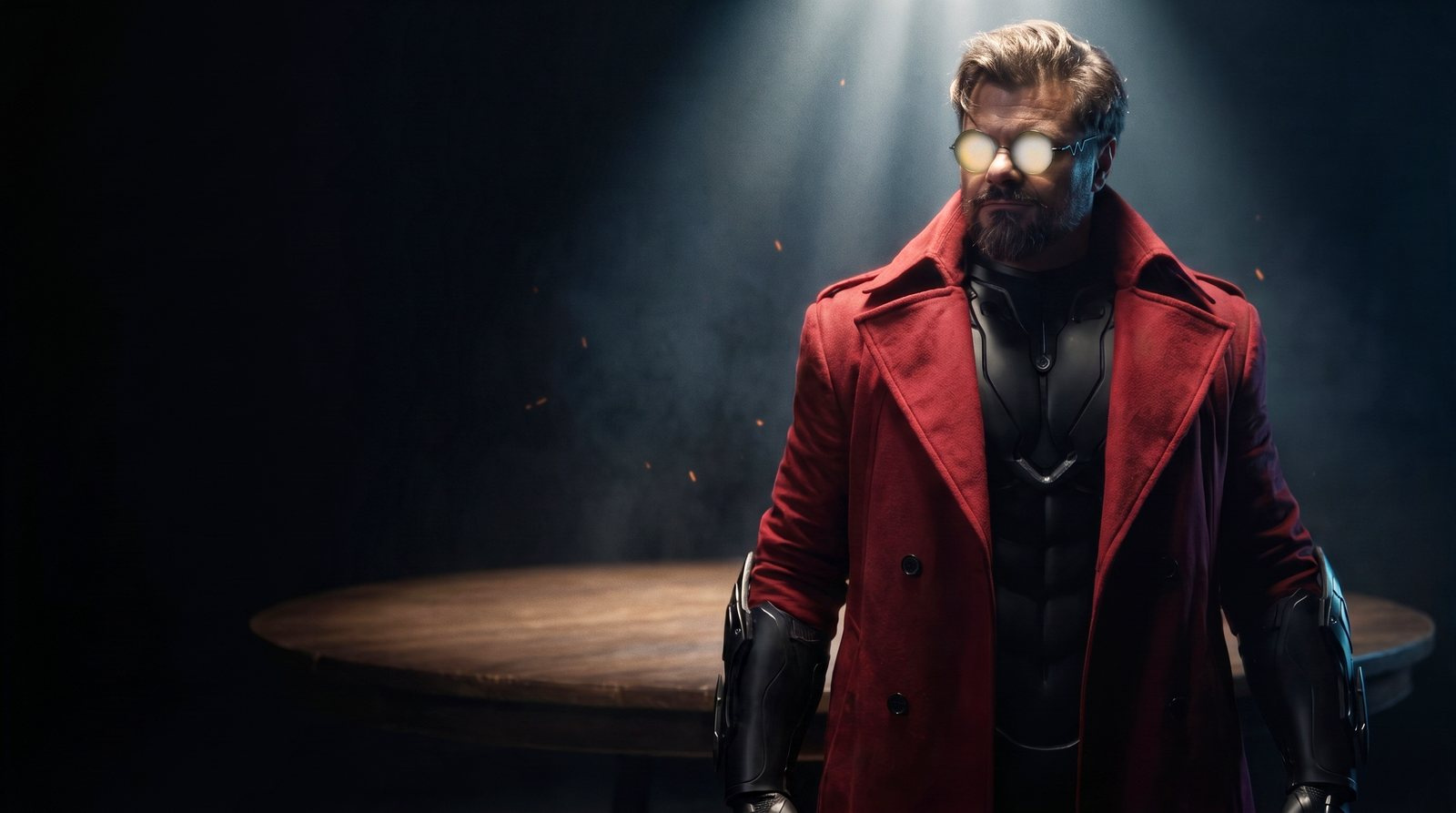 RedWardenCDR standing at the head of the round table in a floor-length red duster over dark segmented armour, round amber-lensed glasses catching the light.