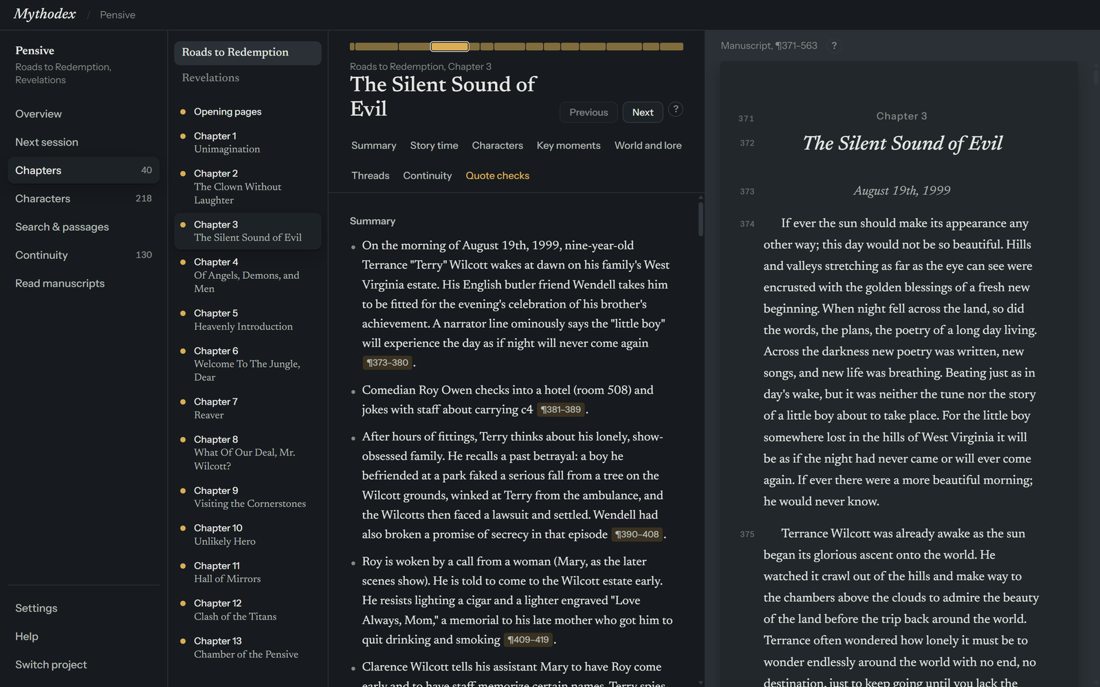 The Chapters screen in three columns: a chapter list with a colored dot beside each chapter, the reader's notes for Chapter 3 with Previous and Next buttons and section tabs, and the manuscript text on the right with paragraph numbers in the margin.