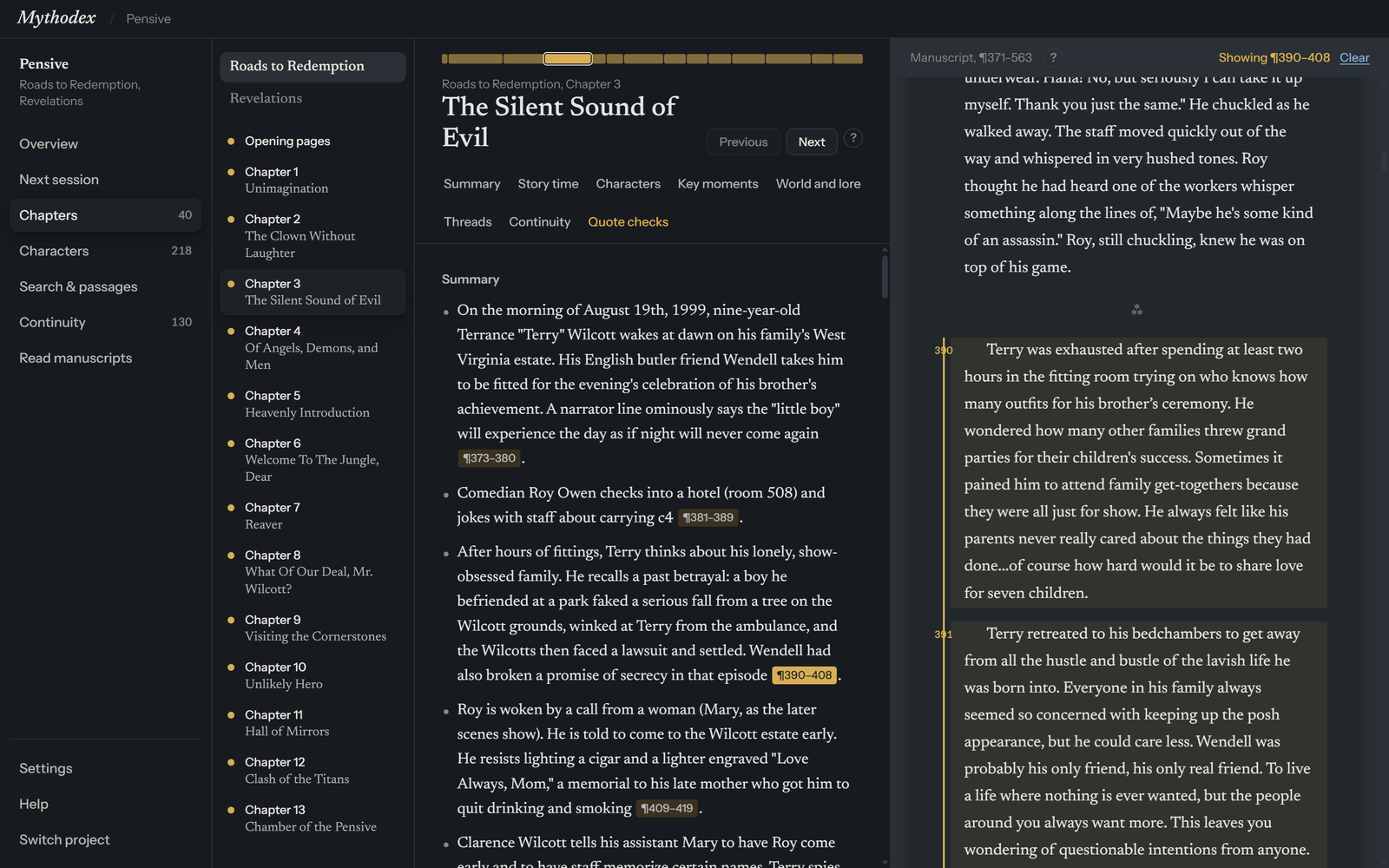 The Chapters screen after a citation chip was selected. The manuscript column shows a header reading Showing a paragraph range with a Clear link, and the cited paragraphs are highlighted with a gold bar beside them.