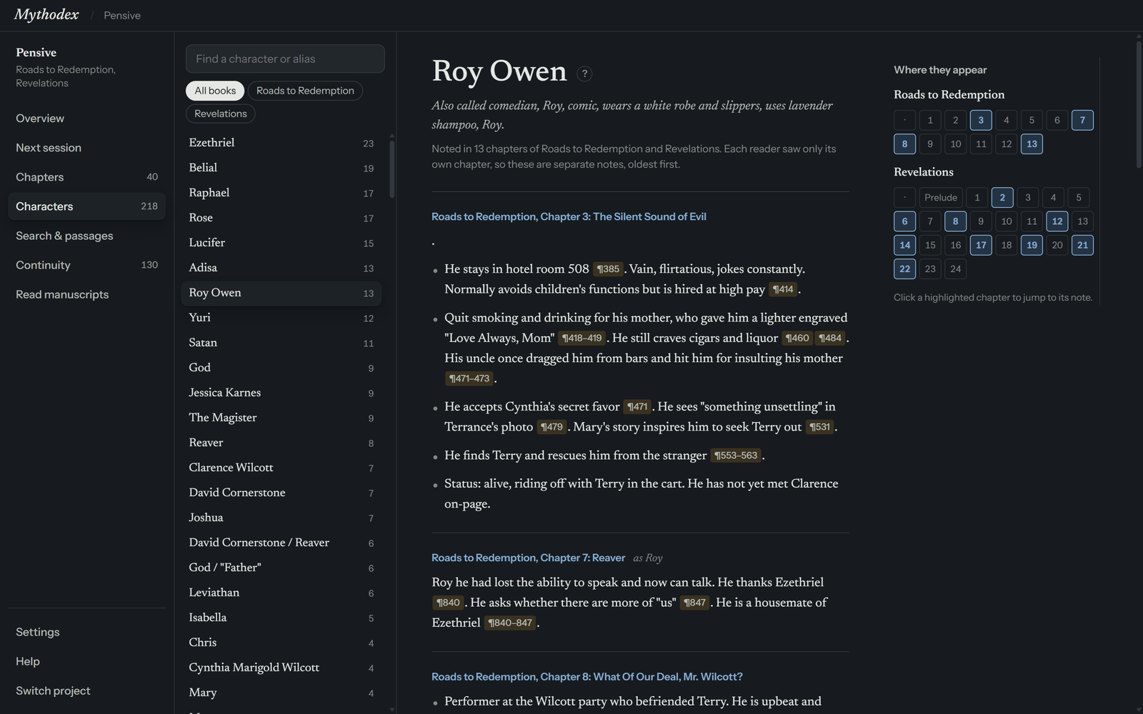 The Characters screen. On the left, a search box, a row of book filter buttons and a long list of names with chapter counts. On the right, the notes for the selected character, chapter by chapter.