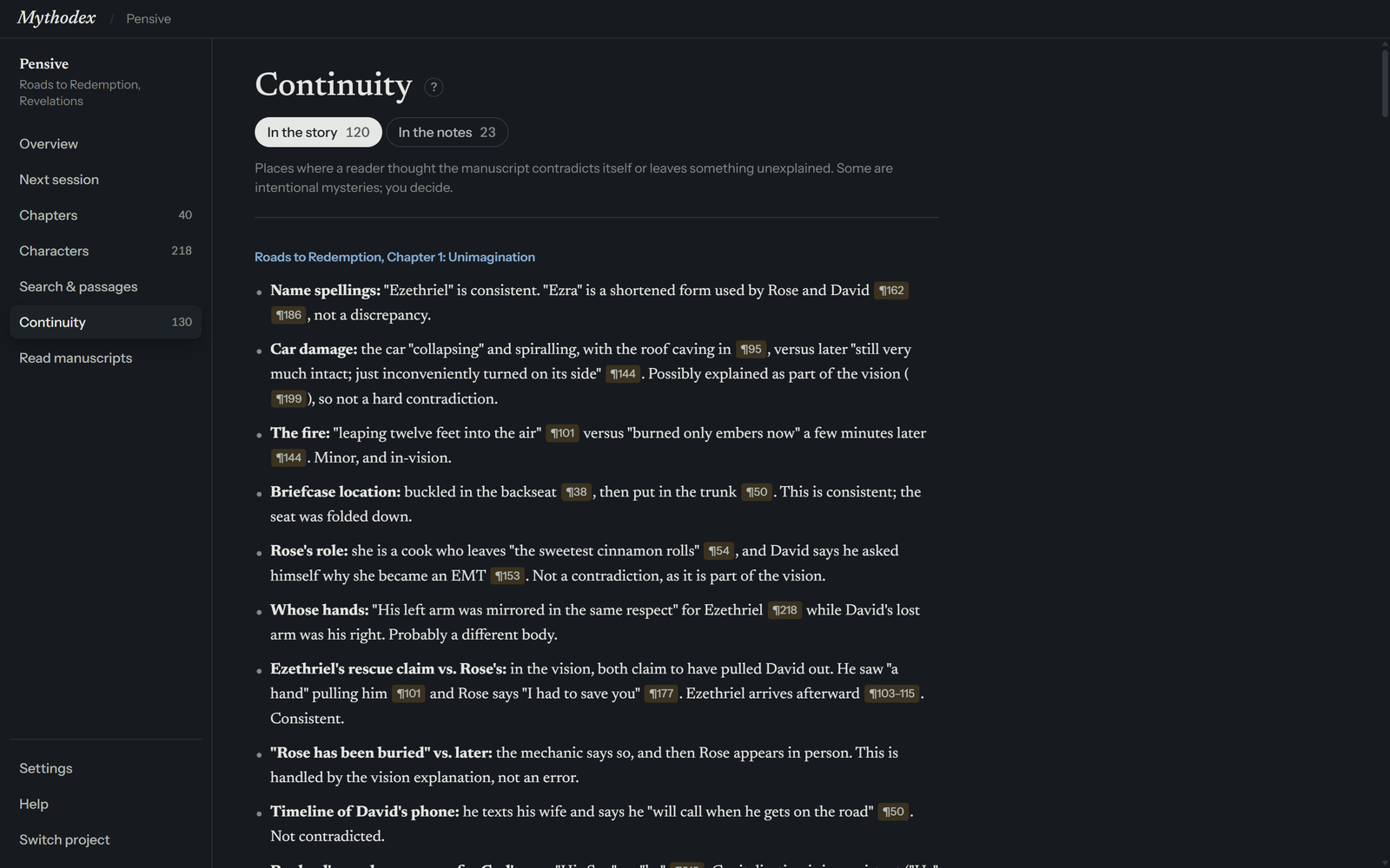 The Continuity screen with two tabs, In the story and In the notes, a one-line explanation, and a list of items grouped under a chapter name, each item written as a bold label followed by the reader's comment and citation chips.