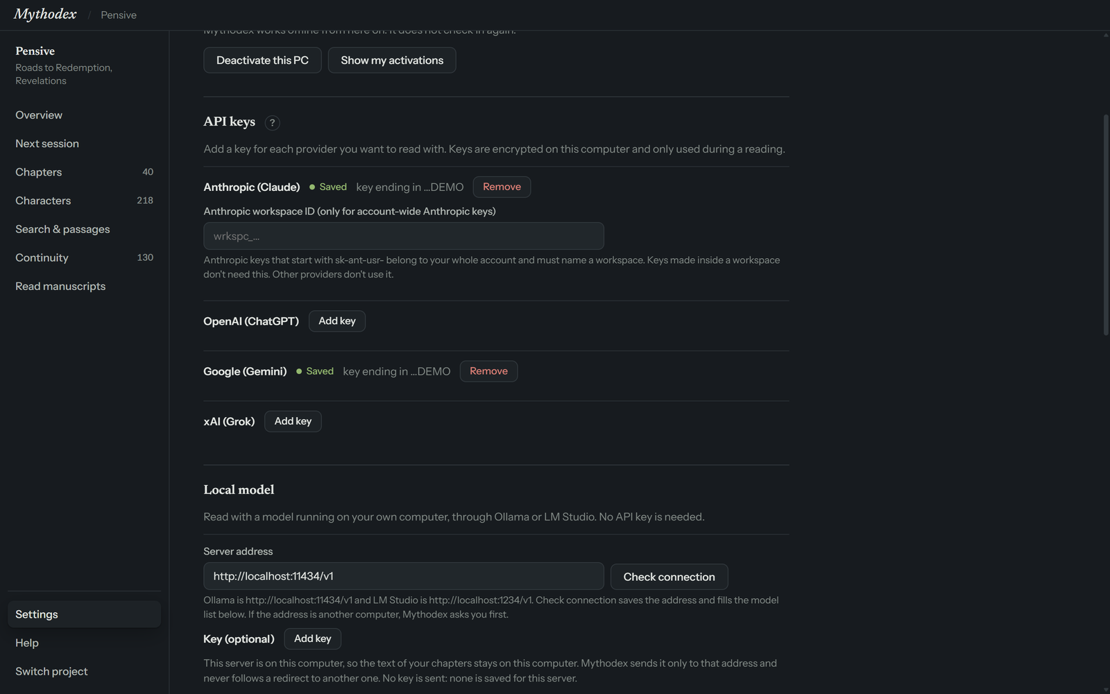 The API keys section of the Settings screen, with a row for Anthropic that has a Saved label and a Remove button, a row for Google with the same, and Add key buttons for the other providers.