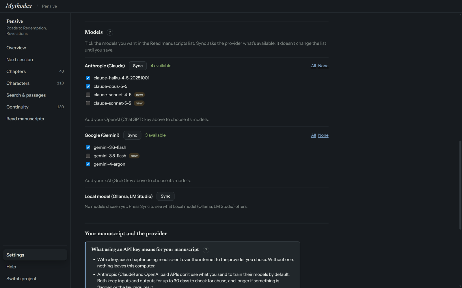The Models section of Settings. Under the Anthropic heading is a Sync button, All and None links, and a list of model names with checkboxes, some of them carrying a small new tag. A Google heading with its own list follows.