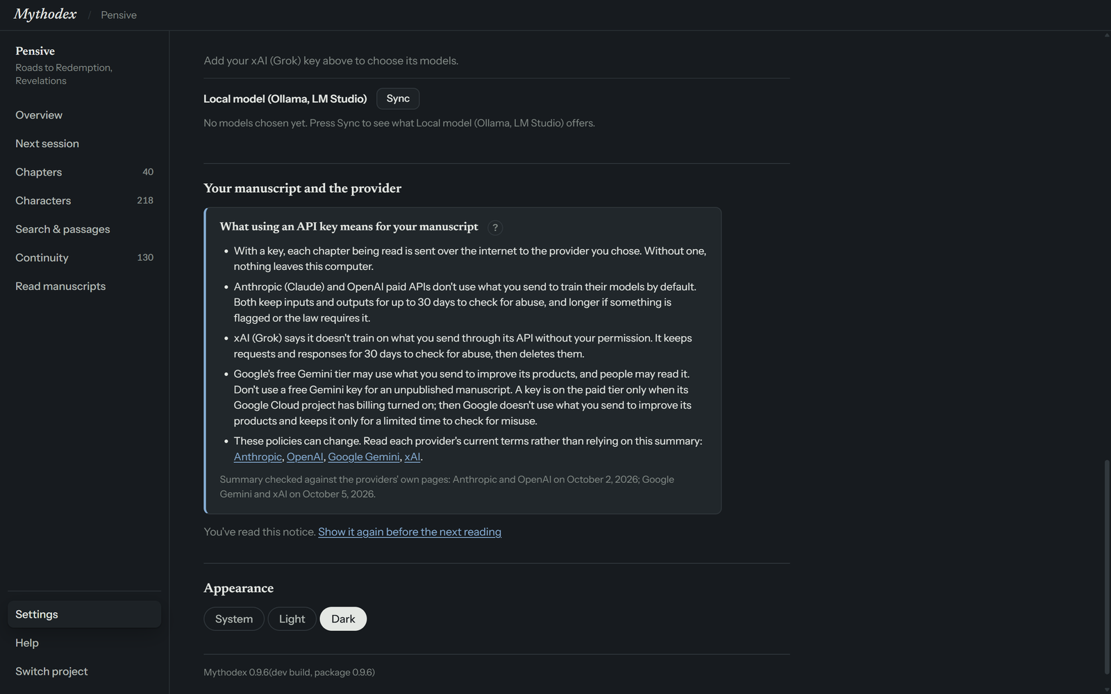 The section of Settings titled Your manuscript and the provider, showing the data notice in a bordered box, a line saying you've read it with a Show it again link, and the start of the Appearance section.