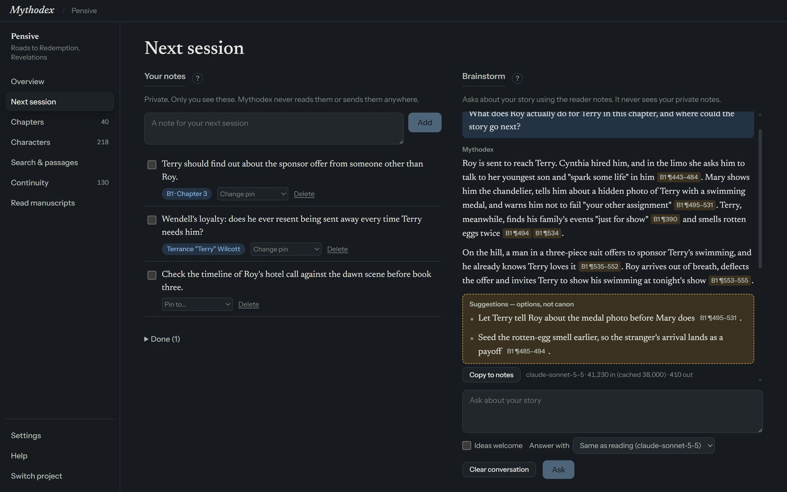 The Next session screen. The left column, Your notes, has a box to add a note and three notes, two of them pinned to a chapter or a character. The right column, Brainstorm, shows a question, an answer with citation chips, a Suggestions box, and the ask box below.
