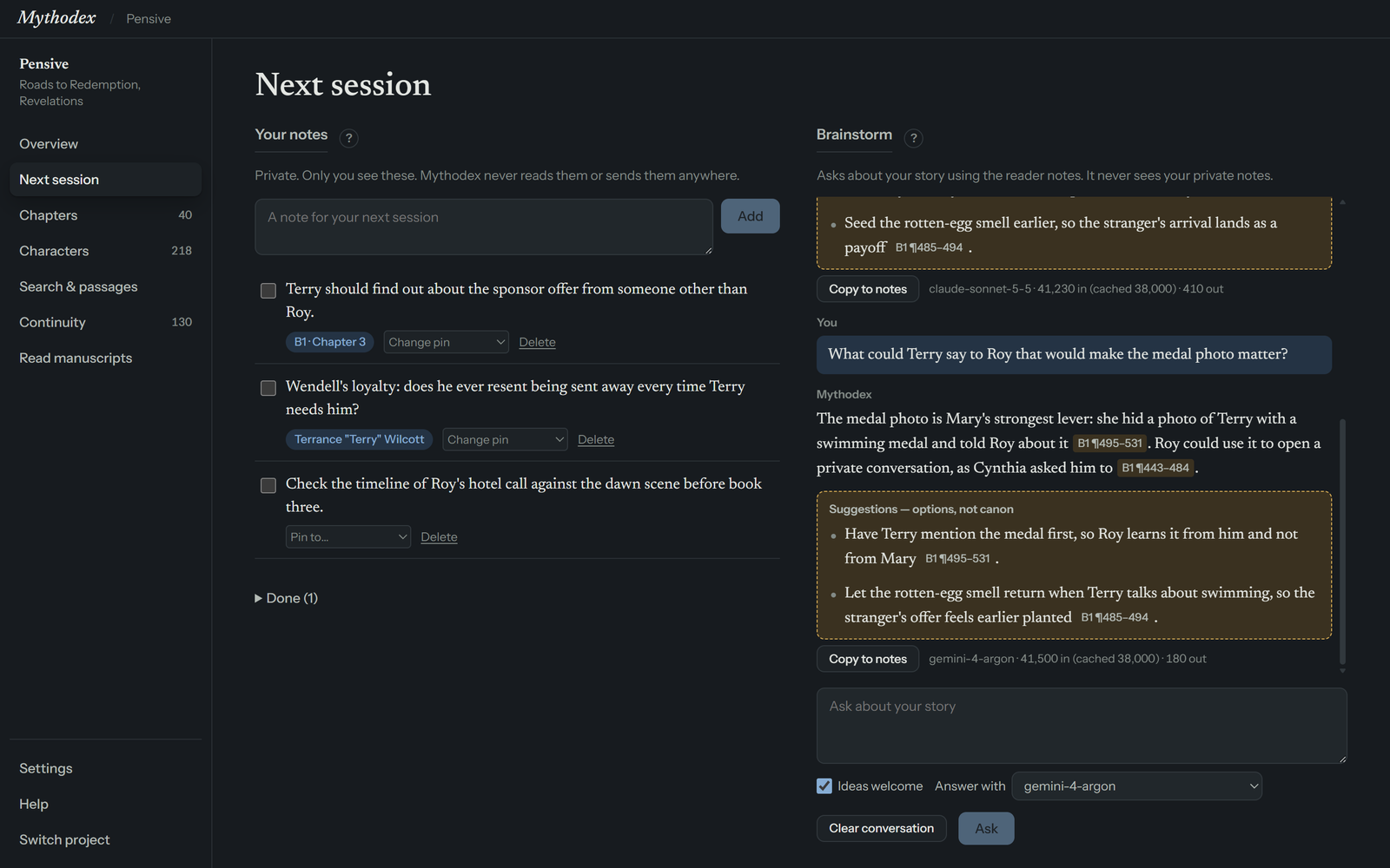 The Brainstorm column with an answer that ends in a dashed Suggestions box, a Copy to notes button, and below it the ask box with an Ideas welcome tick box, an Answer with dropdown, a Clear conversation button and an Ask button.