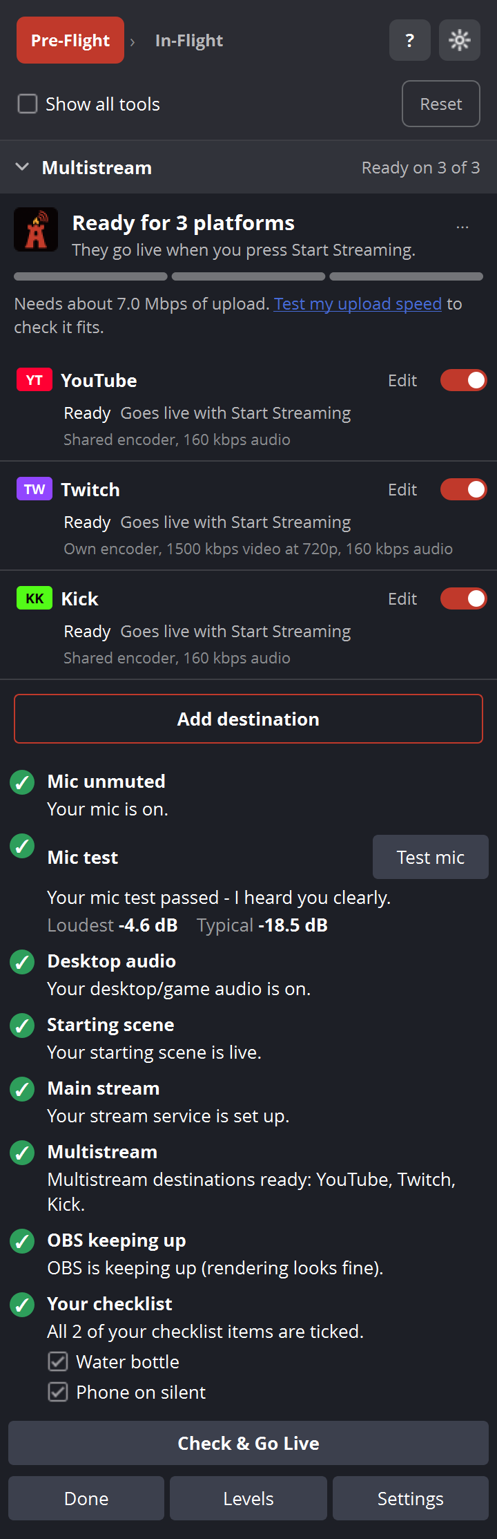 Pre-Flight with a mic test result showing Loudest and Typical levels