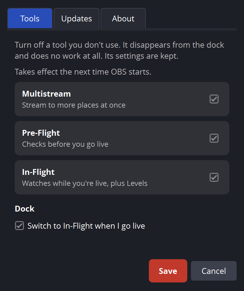 Kit settings, Tools page, with Multistream, Pre-Flight and In-Flight switches