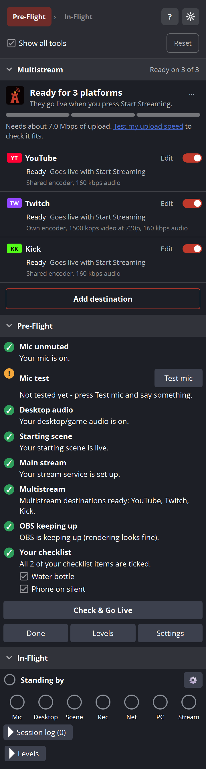 The RW Stream Kit dock with Show all tools ticked: Multistream, Pre-Flight and In-Flight stacked in one list
